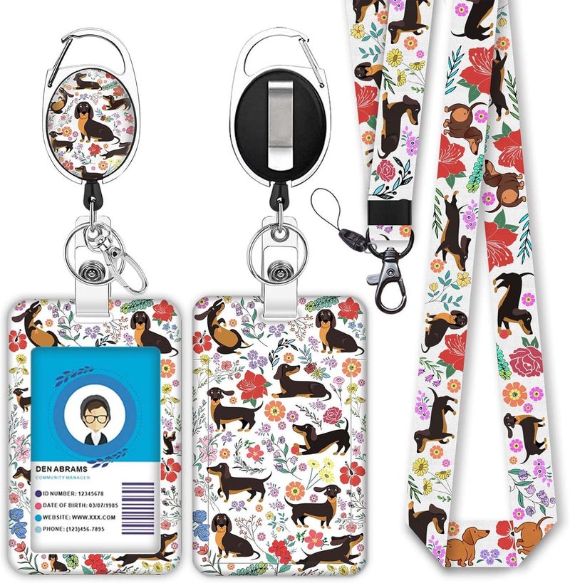 GIANCOMICS Cute Dachshund Badge Reels Retractable with Carabiner Reel Clip, ID Badge Holder Case with Detachable Lanyard Keychain, Nurse Doctor Office School Teacher Name Credit Card Pocket - Image 1